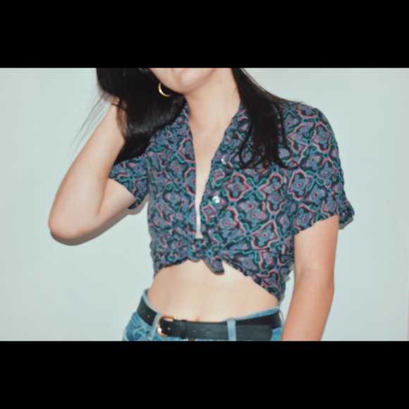 Vintage Funky Pattern Button Up Crop Top - Picture 1 of 3